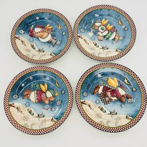 Vintage SAKURA Debbie Mumm Snow Angel‎ Village Snowman Plates Christmas Set Of 4